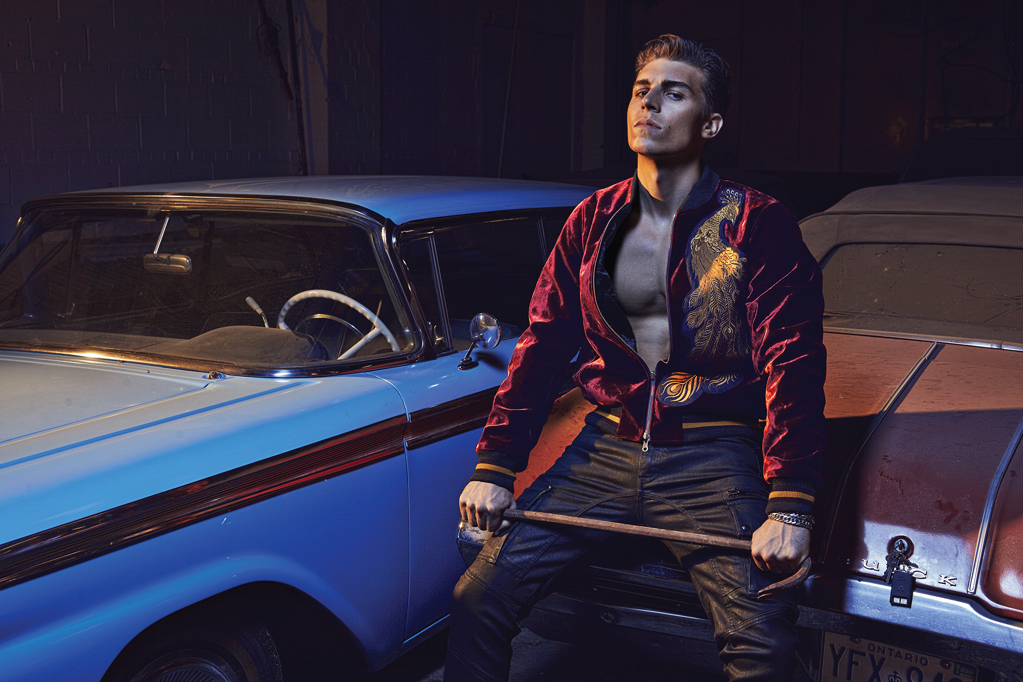 Jacket DRIES VAN NOTEN $2,250 at HOLT RENFREW. Jeans BELSTAFF $540 at HARRY ROSEN. Bracelet STEELX $95.