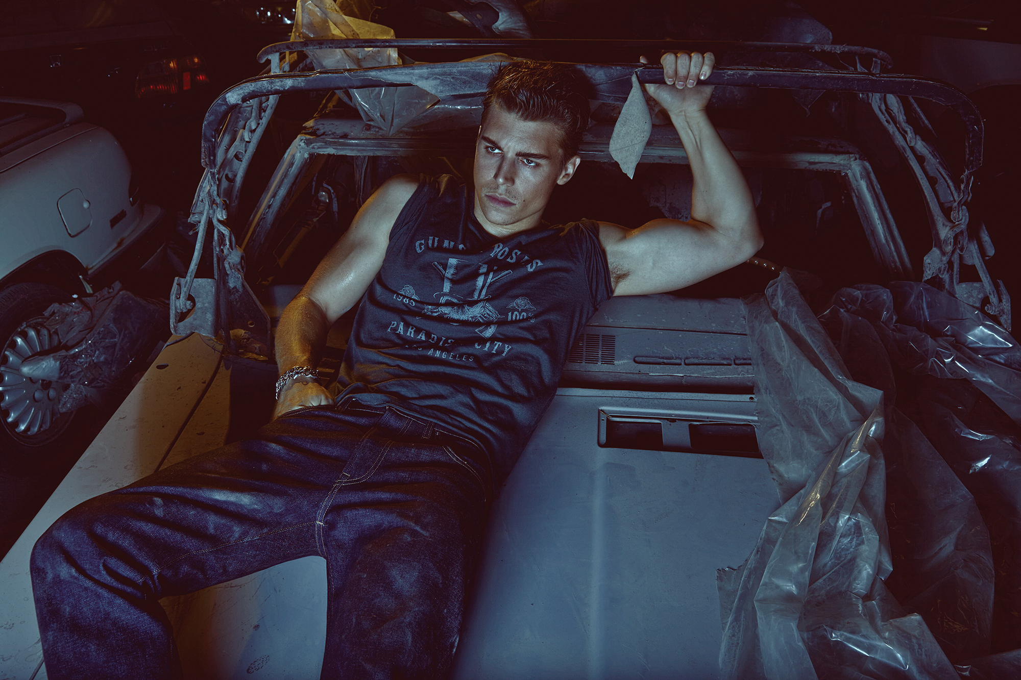 T-Shirt JOHN VARVATOS $98 at HARRY ROSEN. Jeans WALLACE AND BARNES $325 at J.CREW. Bracelet STEELX $95. 