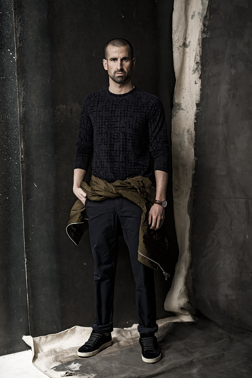 Top GIORGIO ARMANI at HARRY ROSEN $695. Pants LACOSTE $130. Bomber jacket WOOYOUNGMI at LA MAISON SIMONS $900. Shoes TOM FORD at HARRY ROSEN $998. Watch DANIEL WELLINGTON $299. 