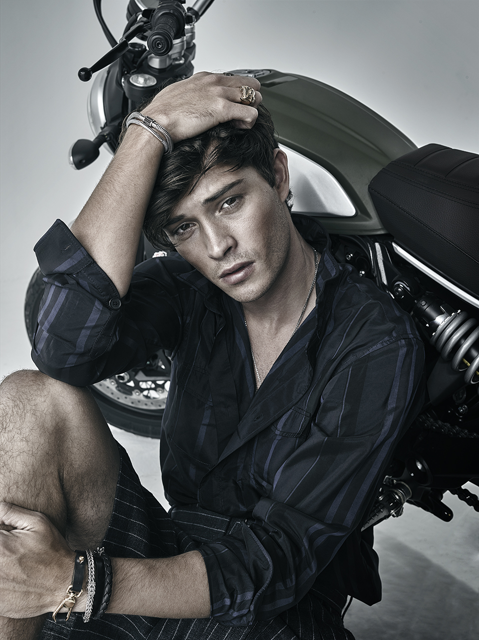 Top and shorts 3.1 PHILLIP LIM . All jewellery at BOUTIQUE DUO. DUCATI SCRAMBLER at MONETTE SPORTS INC. 