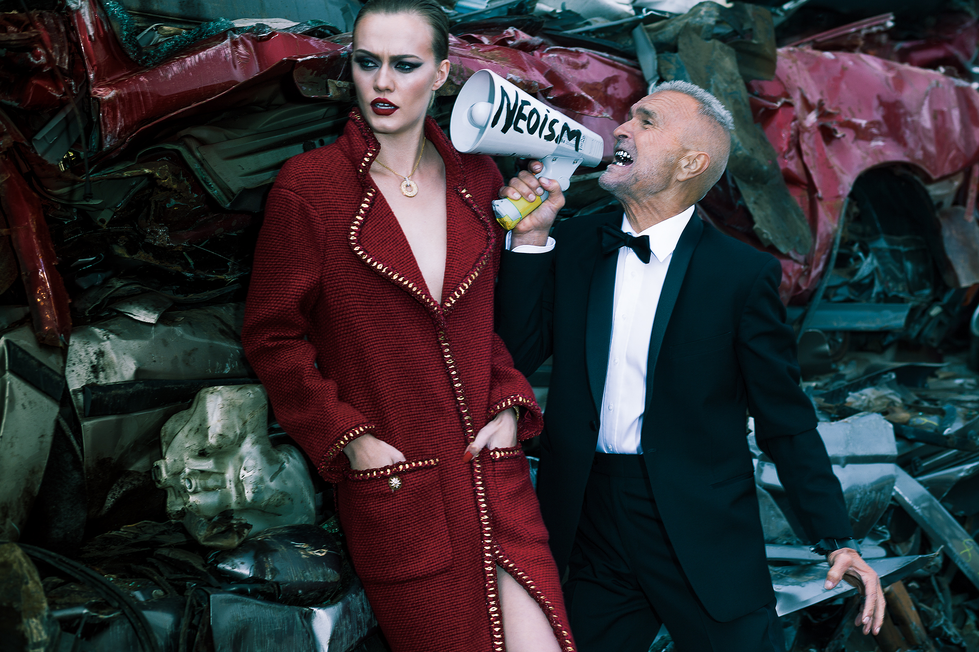 On Katrina: Necklace BIRKS. Coat CHANEL. On Monty: Tuxedo WAXMAN.