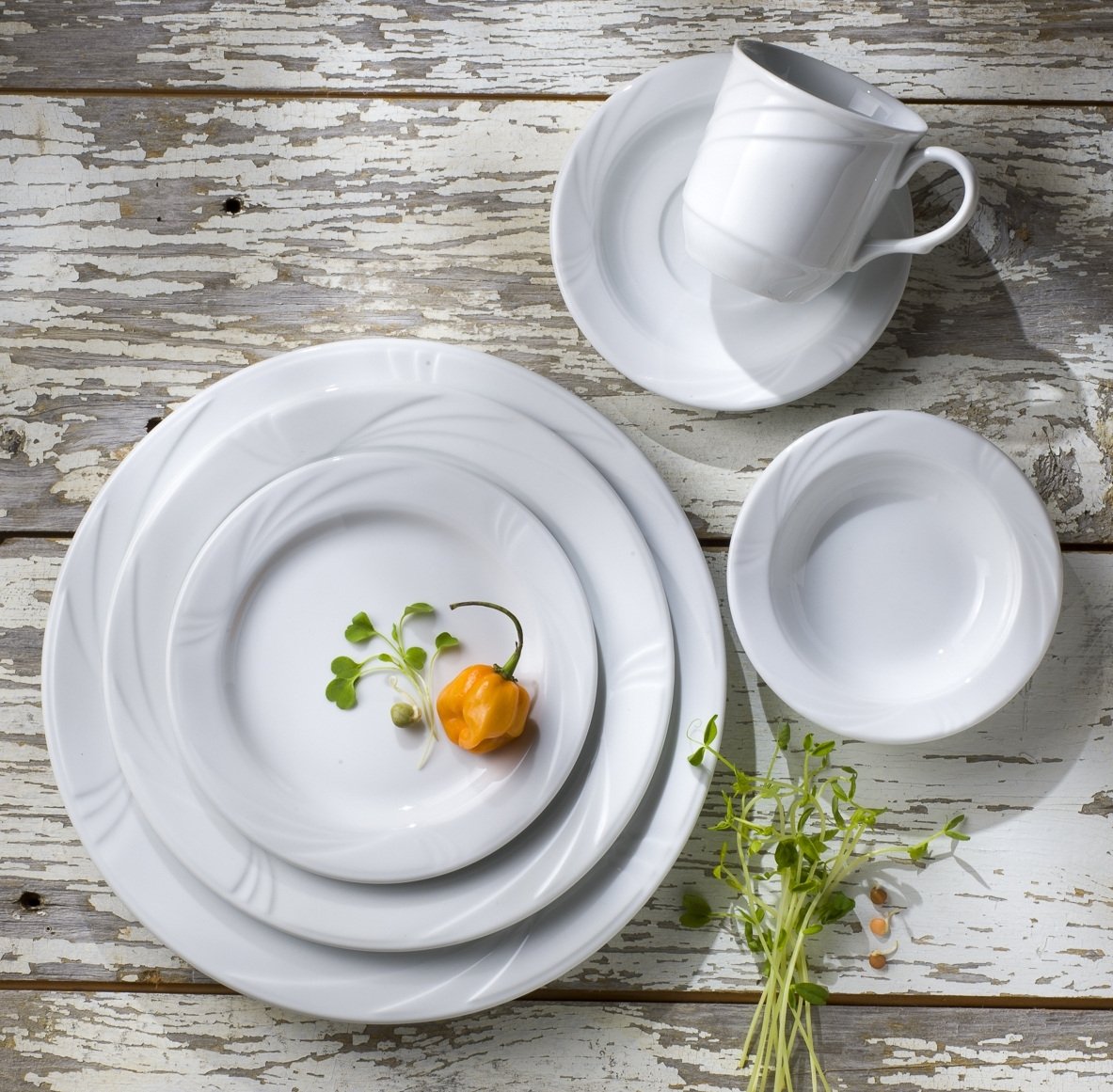 White Tableware on Distressed White Wood