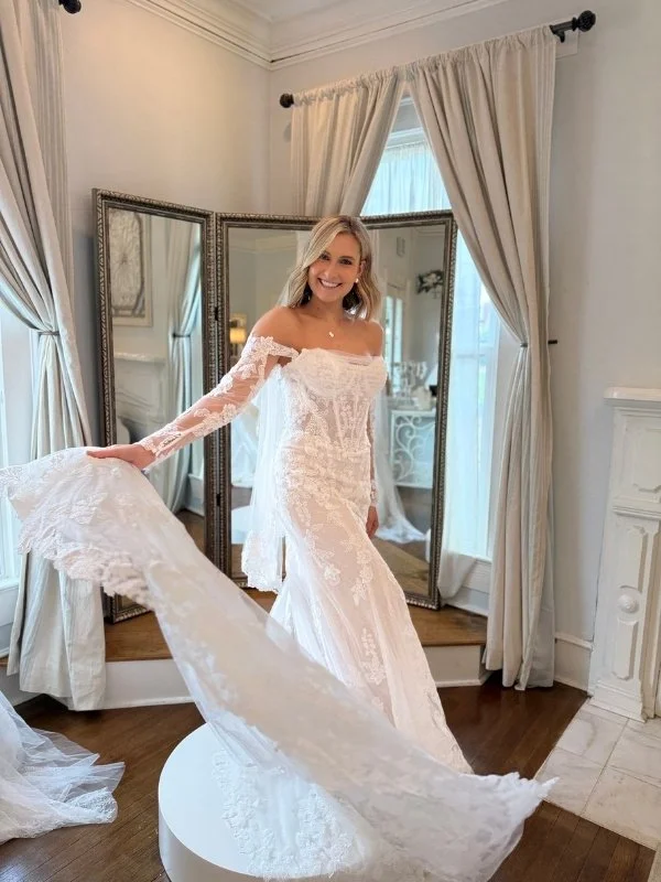 Romantic lace wedding dress with long train