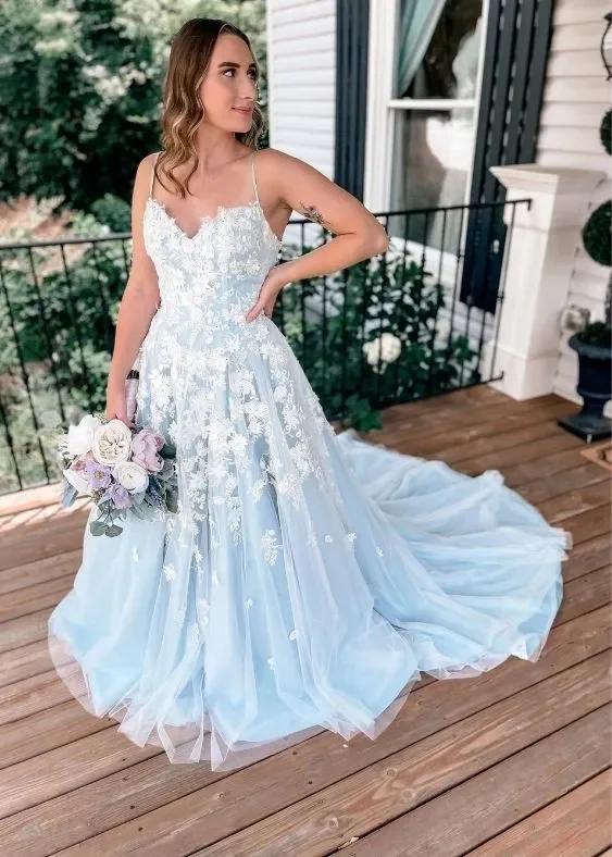 blue wedding dress with lace