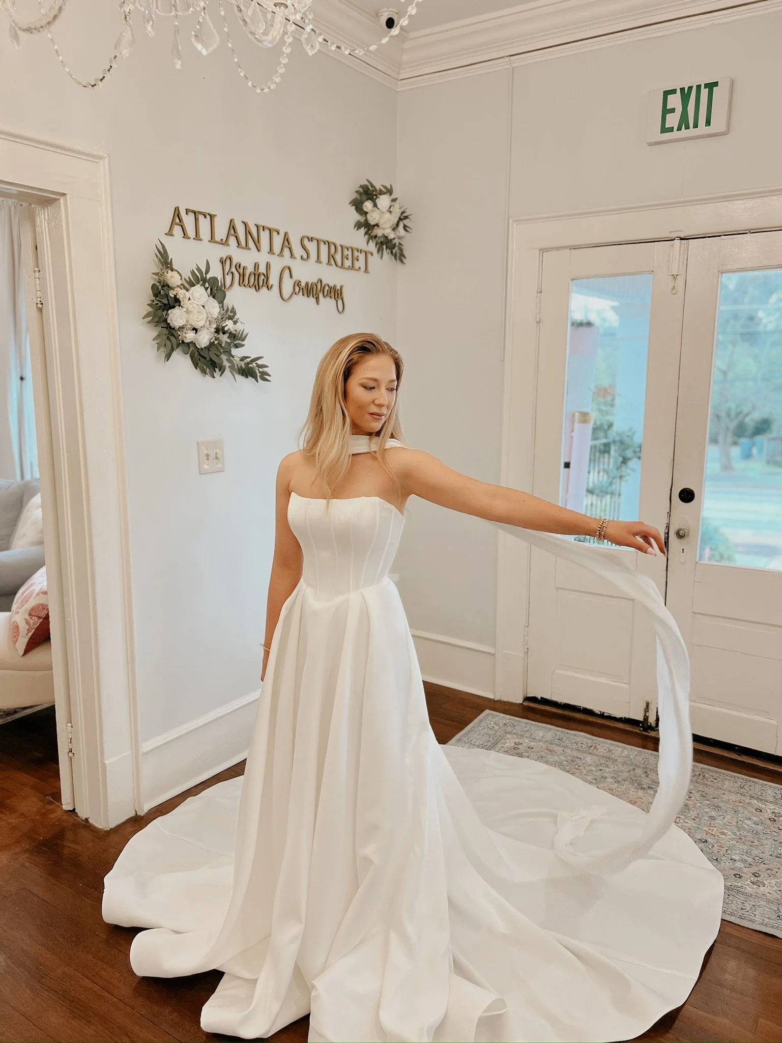 Clean satin wedding dress with scarf