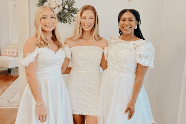 Brides wearing wedding dresses with off-the-shoulder, strapless, and floral illusion necklines