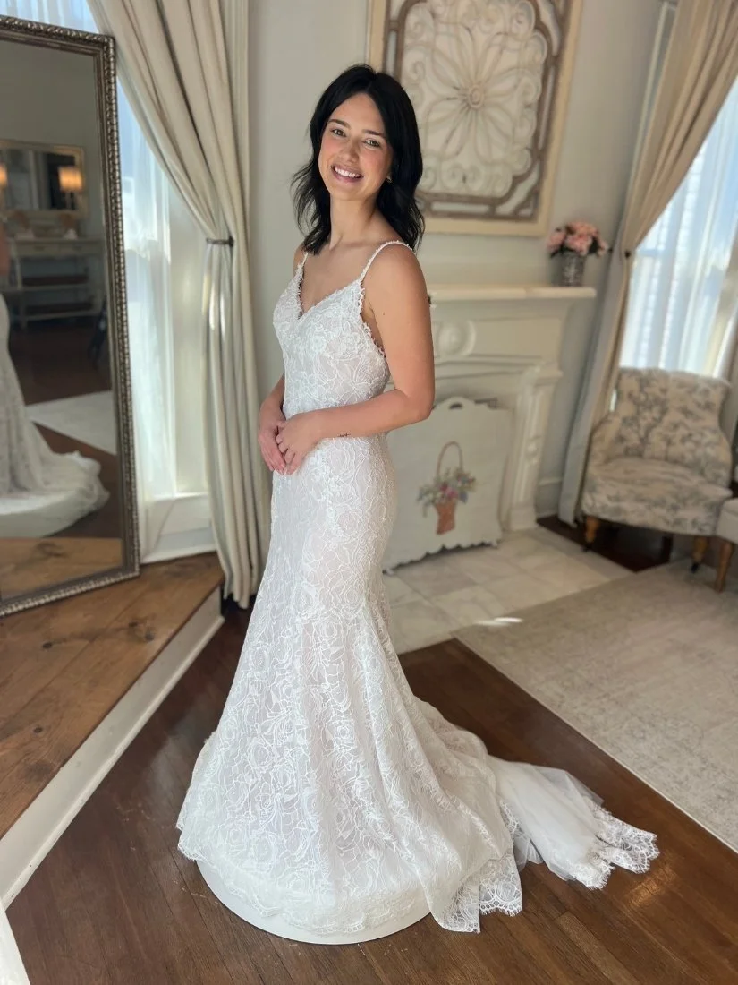 strappy lace wedding dress with train