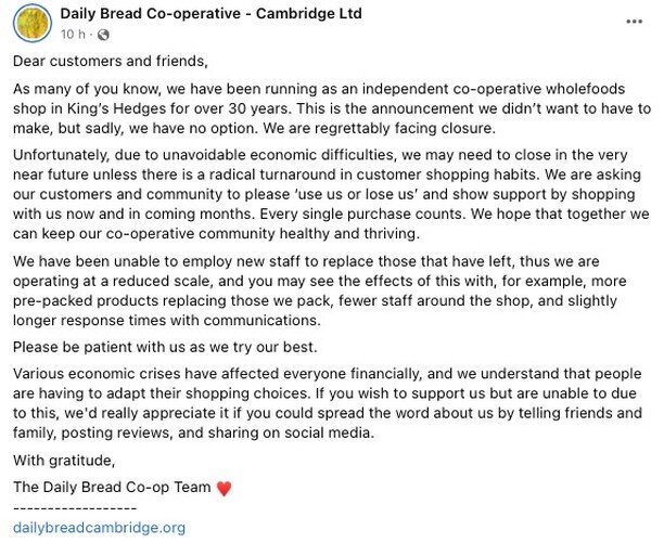 This seems appropriate (and sad) to share since Daily Bread (off Kings Hedges Road in Cambridge) support people coping with poor mental health, and this cooperative is facing closure. 

I use them for most of our bulk shopping. They have refills for 