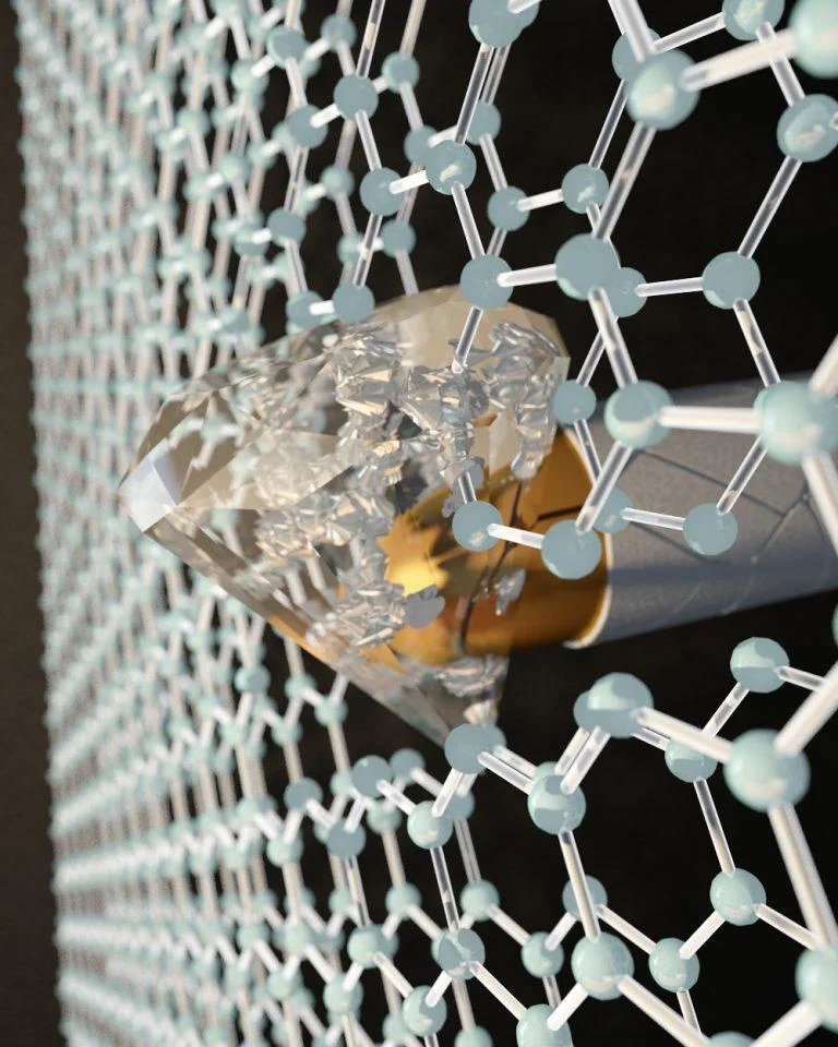 By applying pressure at the nanoscale with an indenter to two layers of graphene, each one-atom thick, CUNY researchers transformed the honeycombed graphene into a diamond-like material at room temperature. Image: Ella Maru Studio