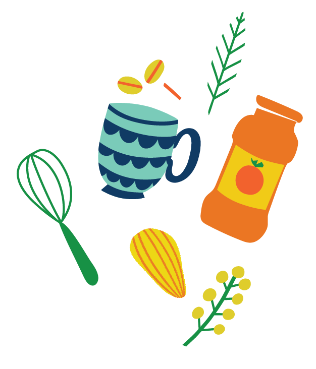 Regenerate alt text copyIconcrossIconBlue Colorful illustration of a whisk, tea cup, cheese board, jar with orange label, coffee beans, almond, and sprigs of herbs.