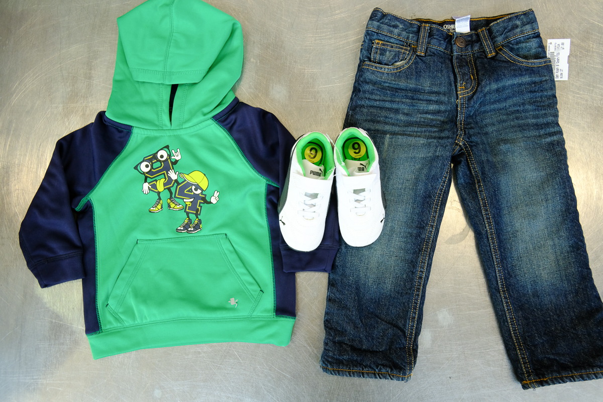 Clothing Supplied by Once Upon A Child , This outfit total for Brand New Runners ($10) New Osh Kosh Fleece Lined Jeans ($7.00) and Hoodie ($6) , came to $23 
