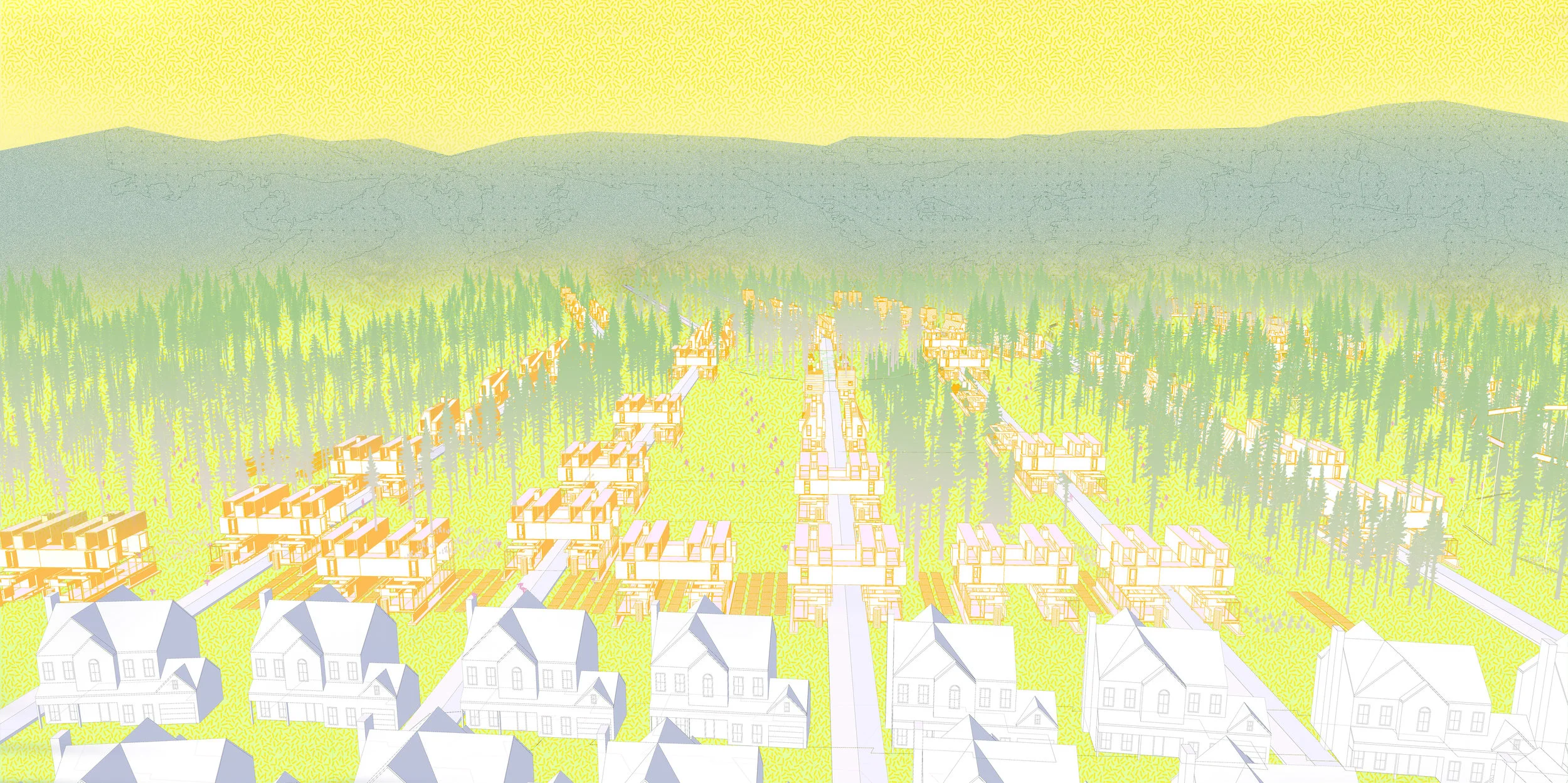 A phased proposal illustrates housing and forest integration at the new frontier.
