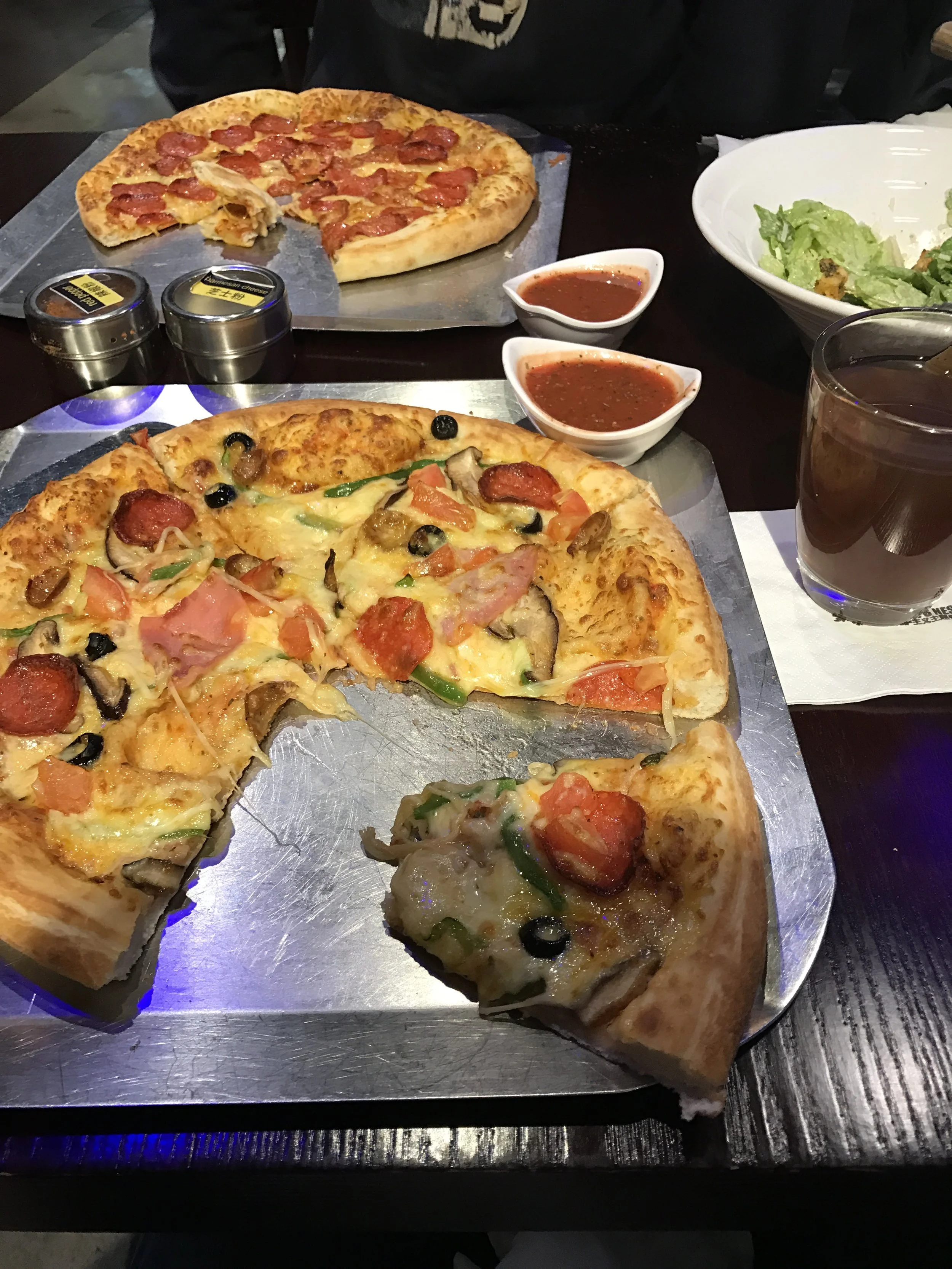 Homesick meal. The tomato sauce is too sweet, the dough is too doughy, but it's pizza. 