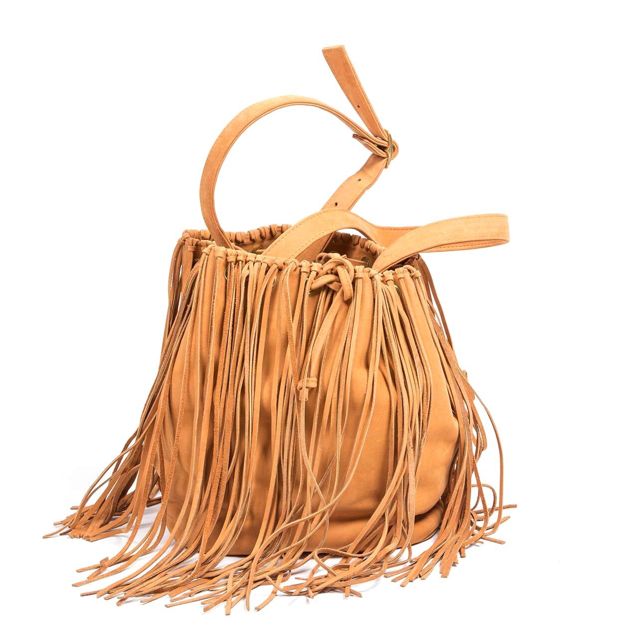 Fringe Mini Bucket Camel Bag — Vania & David