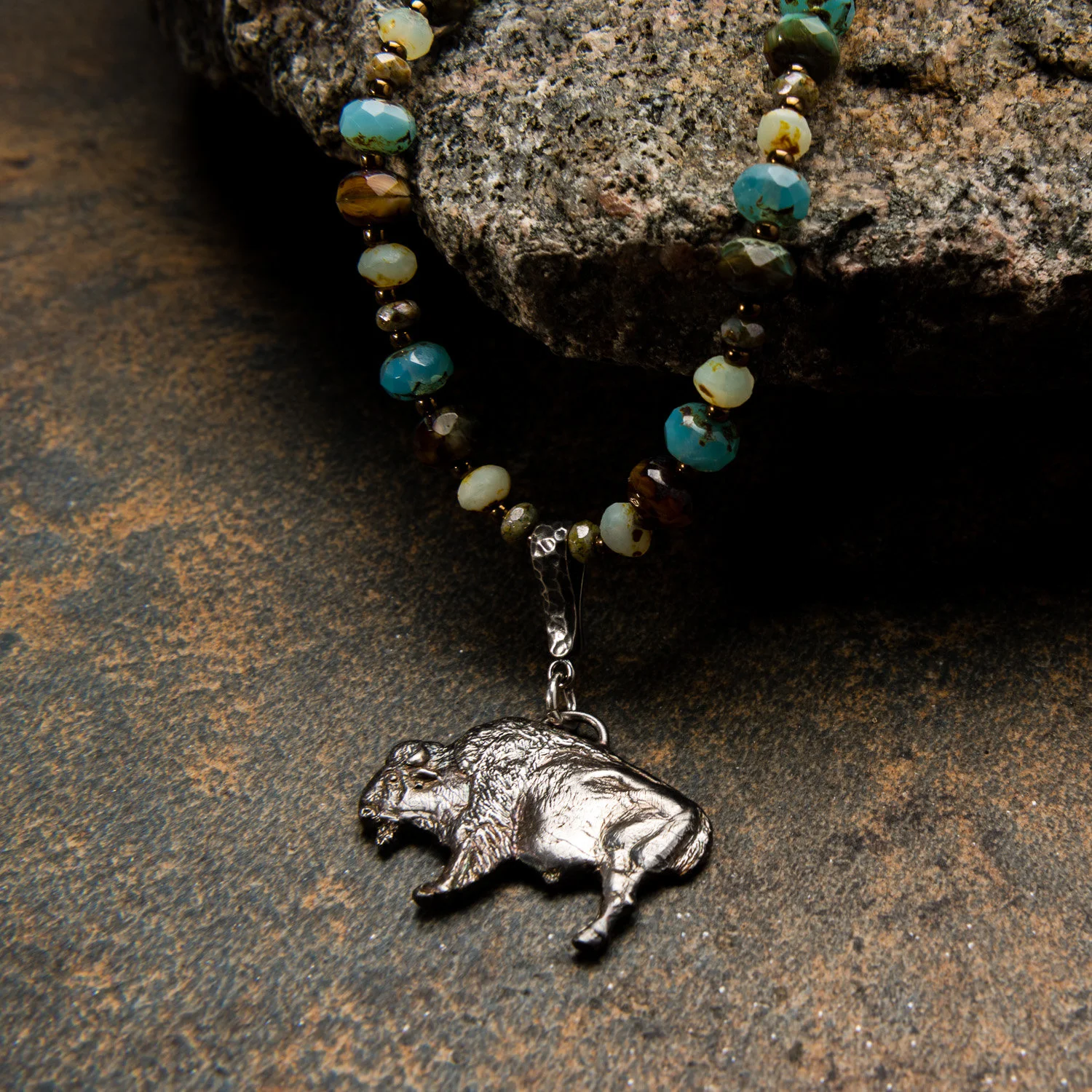 Sterling silver Buffalo Pendant with Czech bead necklace