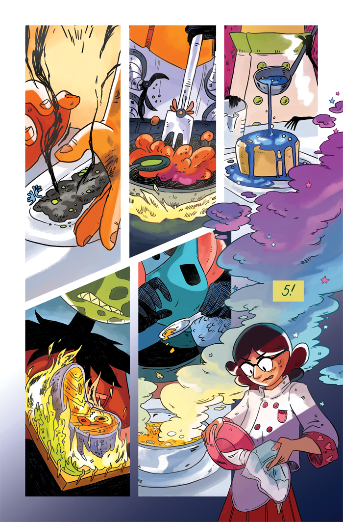  Selected sample pages from Space Battle Lunchtime. A series about an earth chef who is tossed into an intergalactic cooking situation, falls in love, and gets into catering and solving space murders.  Volumes 1 and 2 originally ran as an 8-issue min