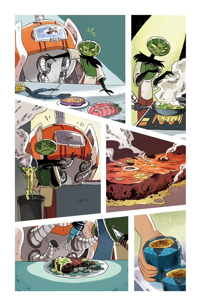  Selected sample pages from Space Battle Lunchtime. A series about an earth chef who is tossed into an intergalactic cooking situation, falls in love, and gets into catering and solving space murders.  Volumes 1 and 2 originally ran as an 8-issue min