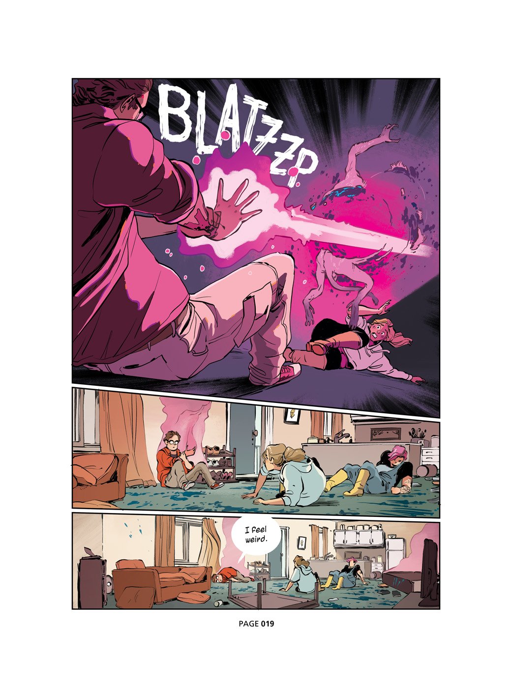  Sample page from “Bubble”.  Artwork by Tony Cliff, writing by Jordan Morris and Sarah Morgan, colors by Natalie Riess. Published by First Second 2021 