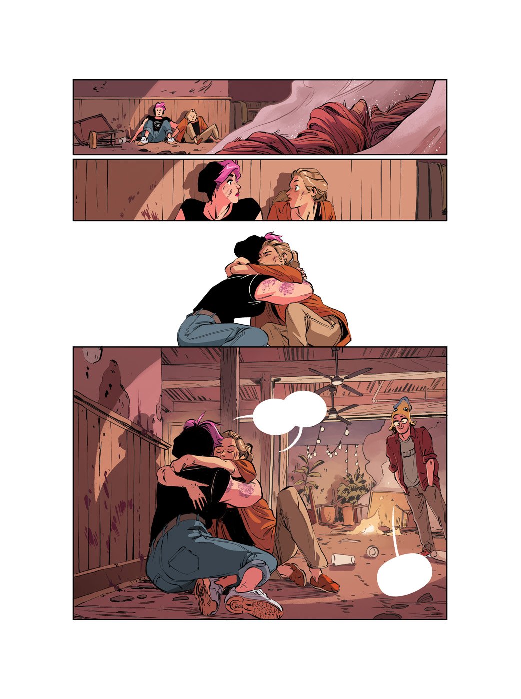  Sample page from “Bubble”.  Artwork by Tony Cliff, writing by Jordan Morris and Sarah Morgan, colors by Natalie Riess. Published by First Second 2021 