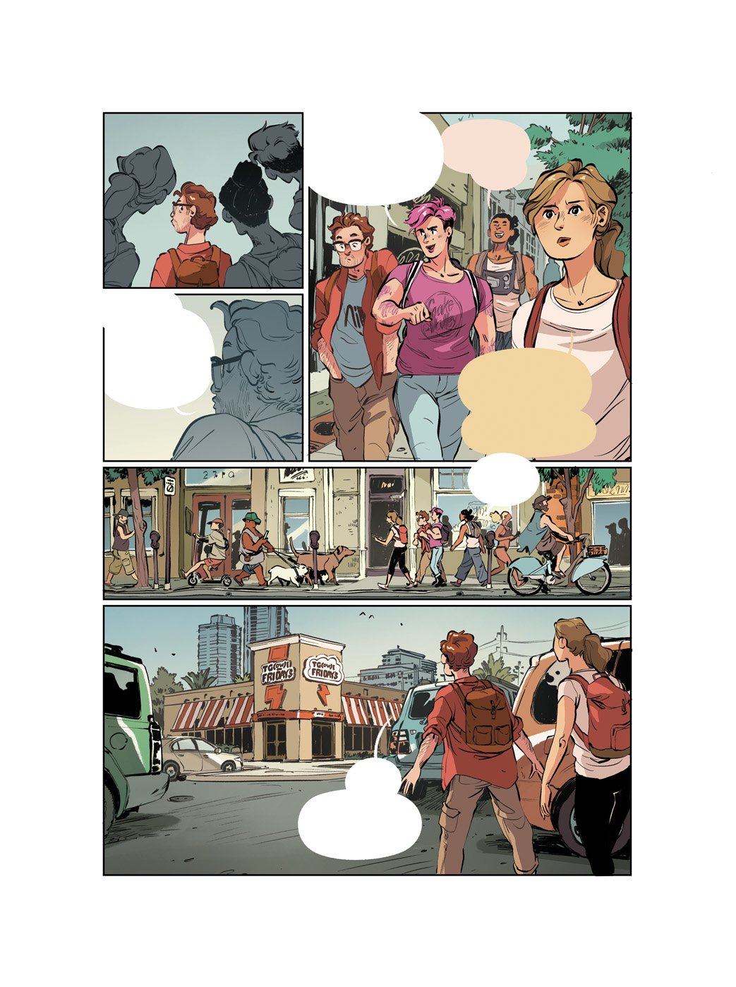  Sample page from “Bubble”.  Artwork by Tony Cliff, writing by Jordan Morris and Sarah Morgan, colors by Natalie Riess. Published by First Second 2021 