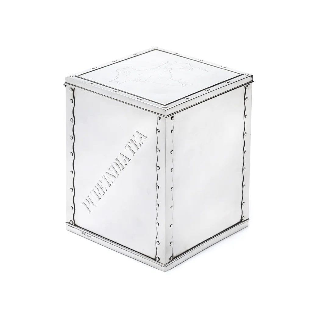 Silver tea caddy, circa 1958