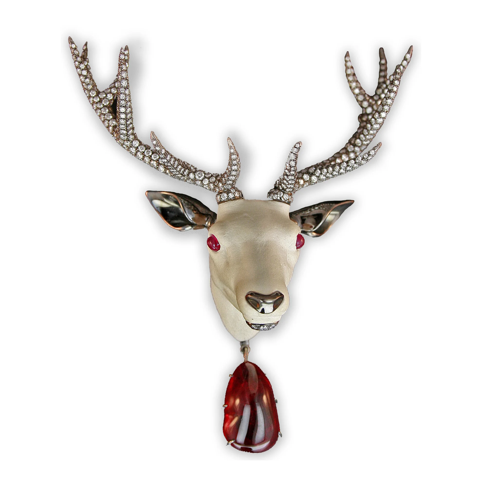 Spinel, diamond and meerschaum stag brooch by Taffin