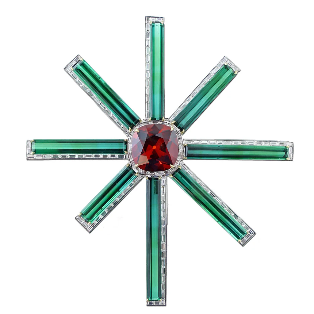 Garnet, tourmaline and diamond brooch by Taffin