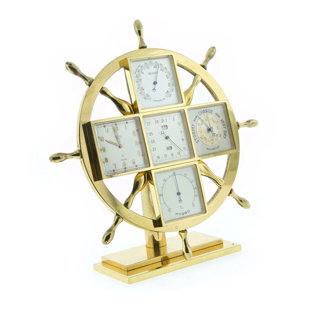 Brass ship's wheel weather station by Hermès, circa 1970's