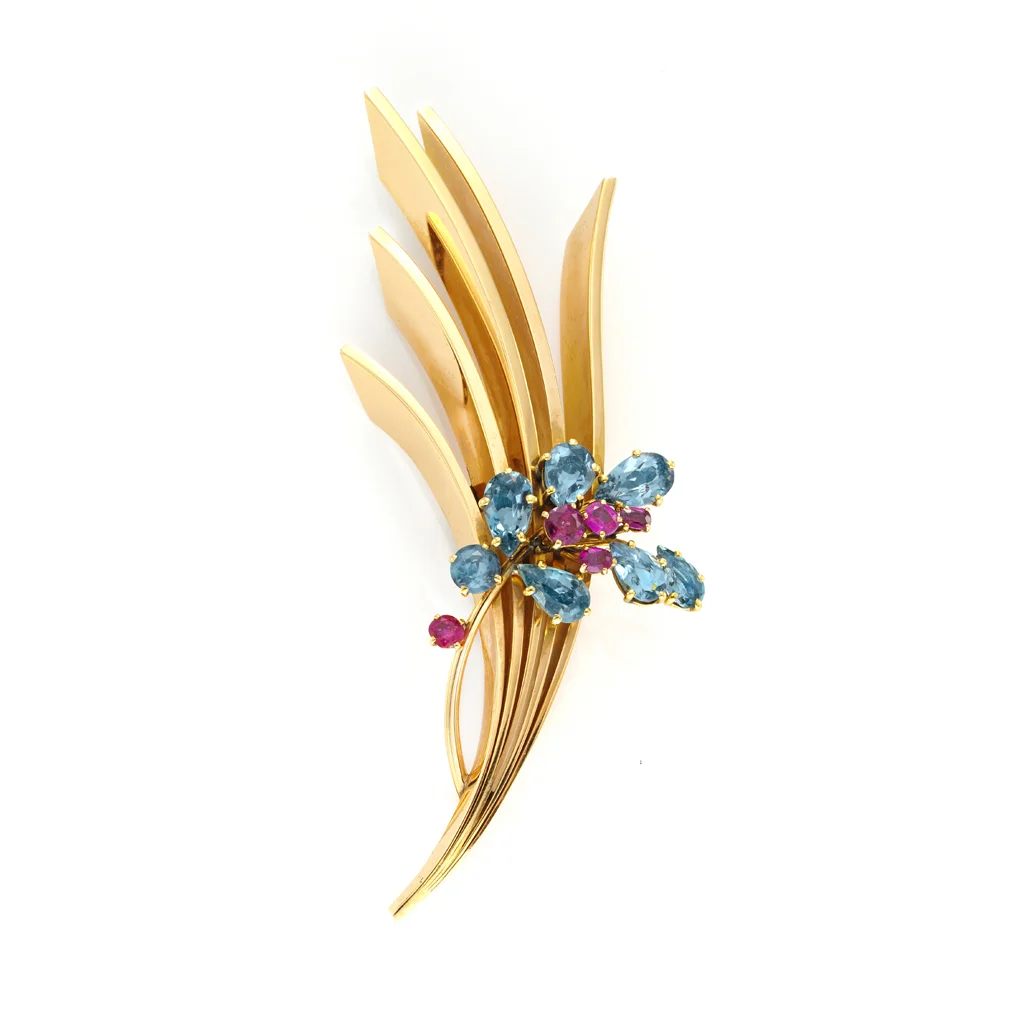Art Deco aquamarine and ruby brooch, circa 1935