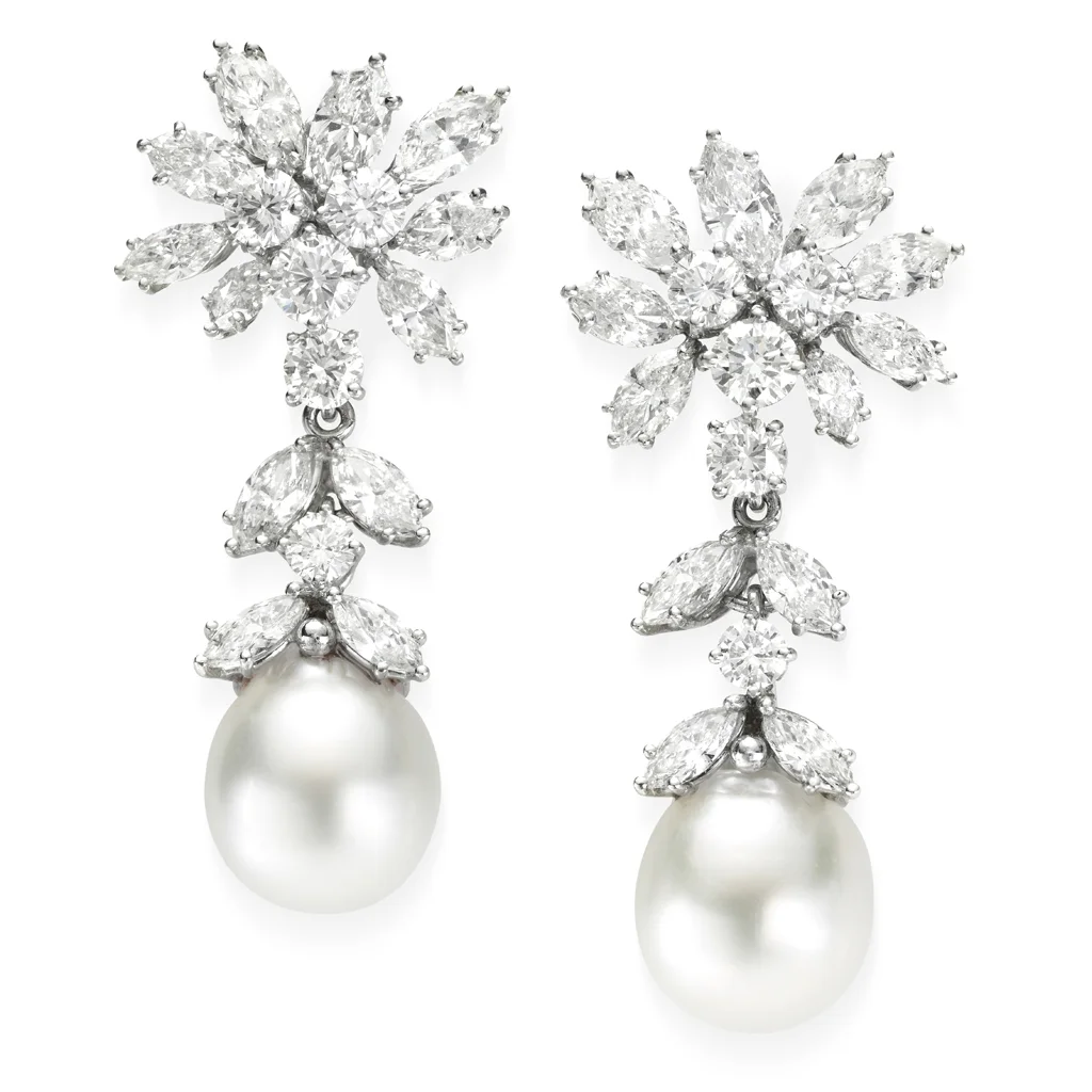 Pair of Cultured Pearl and Diamond Earrings, circa 1970