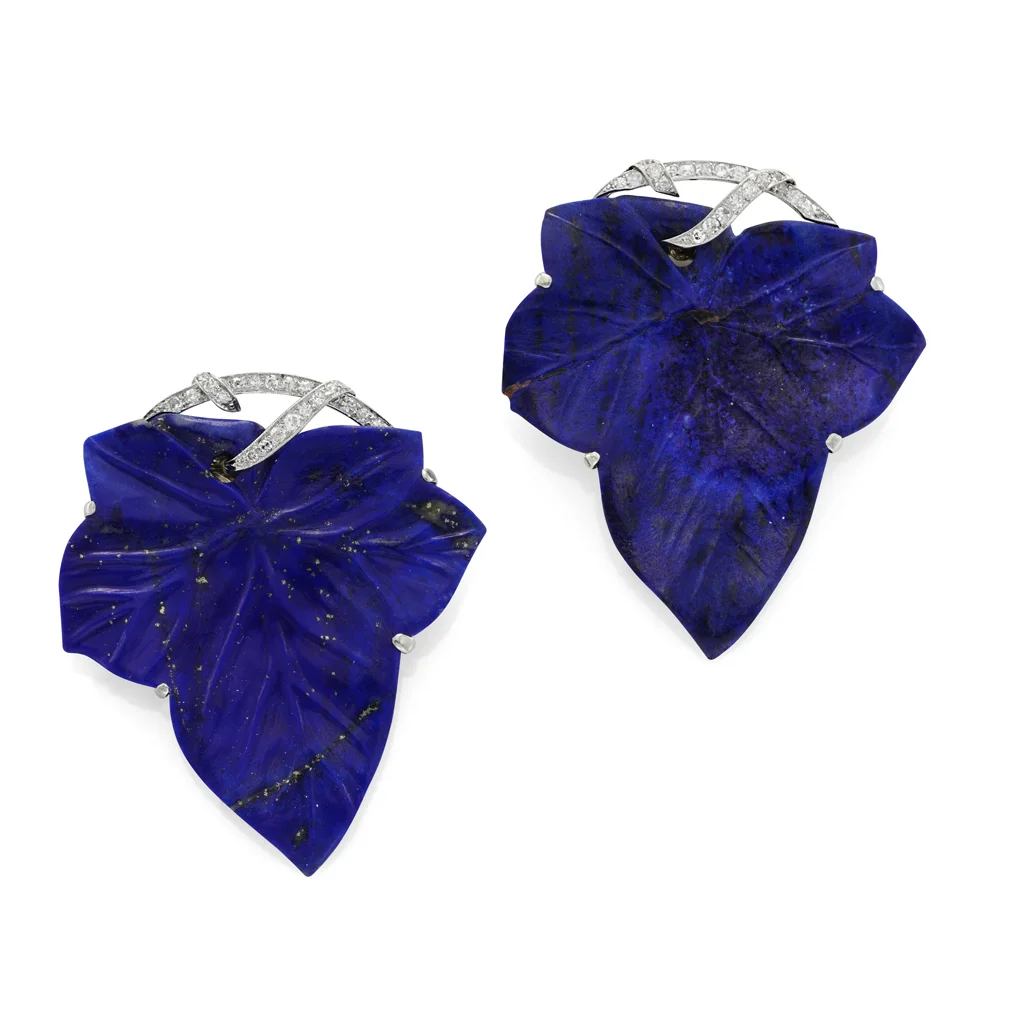 Art Deco Lapis Lazuli and Diamond Clip Brooches, circa 1920