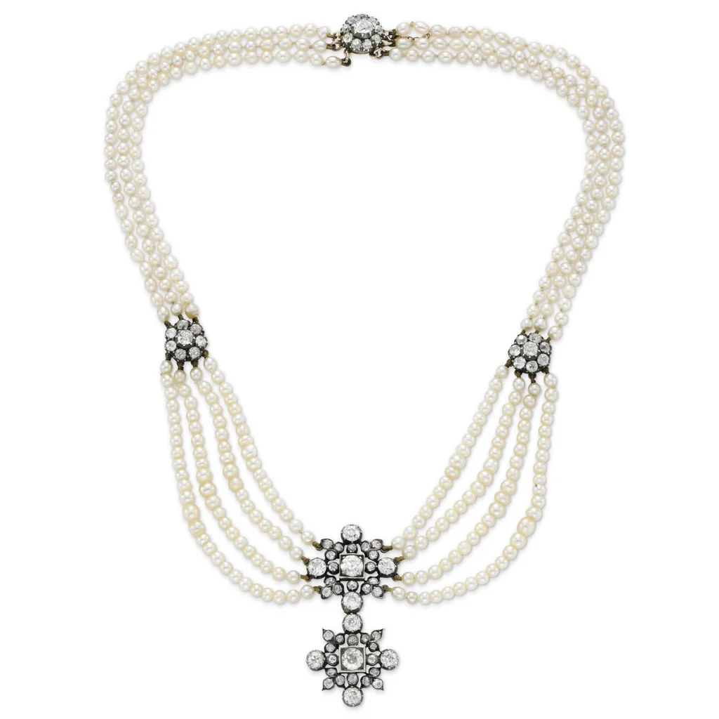 Antique Natural Pearl and Diamond Necklace, circa 1860