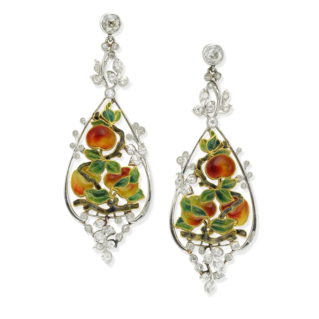 Art Nouveau Plique-à-jour Enamel and Diamond Earrings