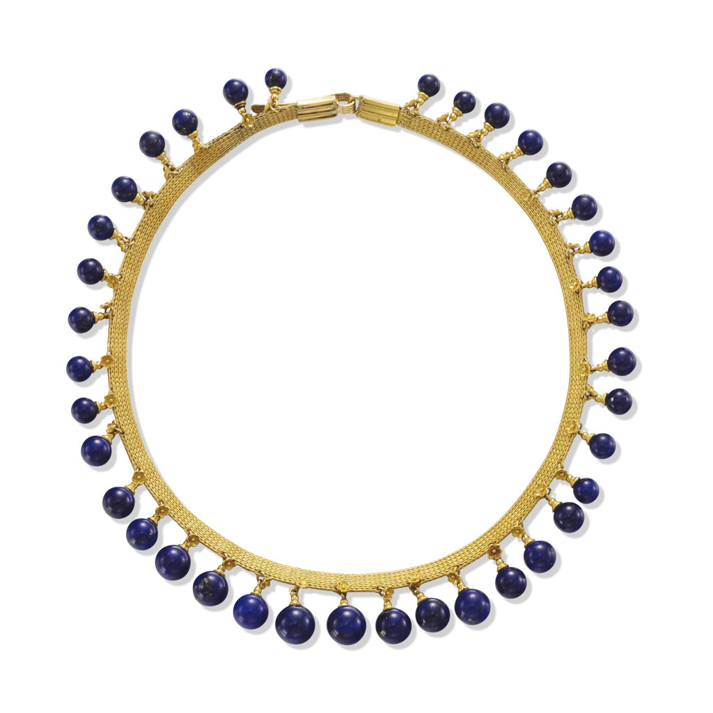 Antique Gold and Lapis Lazuli Etruscan Revival Necklace, Circa 1870