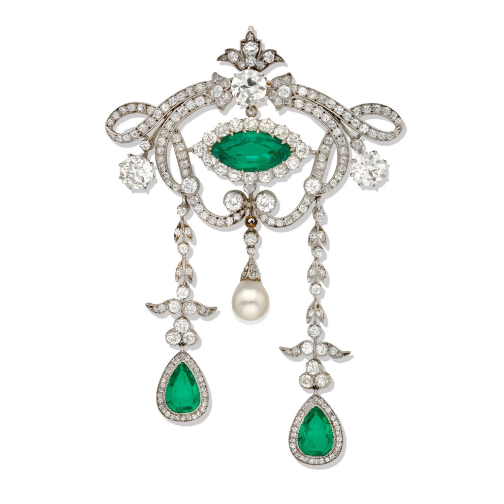 Emerald Pearl and Diamond Brooch, circa 1900