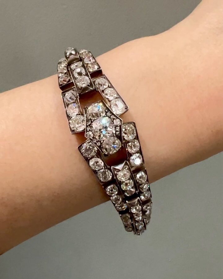 An antique diamond bracelet, French, c. 1850, designed as a series of tapering open panel links, mounted in silver and gold. Available @simonteaklejewelry #antiquediamonds #antiquediamondbracelet #antiquefrenchjewelry #victorianjewelry #victorianjewe