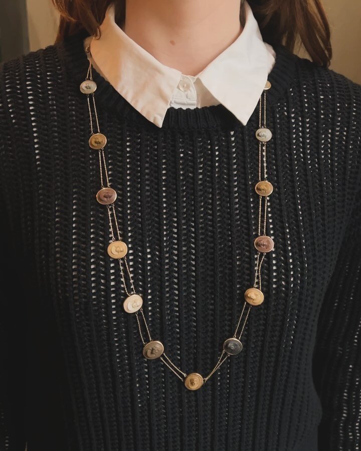 An antique lava cameo long chain necklace, c. 1860,  designed as a series of eighteen oval portrait cameos with twin fine link intersections. 34&rdquo; long, available @simonteaklejewelry #lavacameo #lavajewelry #lavanecklace #antiquecameo #antiqueca