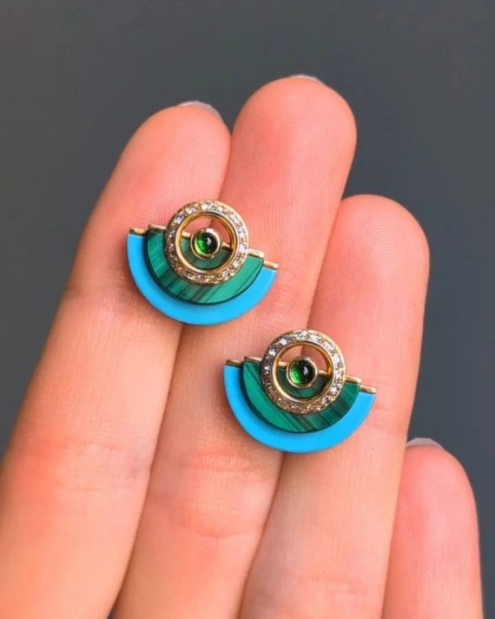 A pair of carved turquoise and malachite 'Disc' earrings by Kia Schwan @kiaschwan, set in an 18k gold diamond and tourmaline mounting. Available @simonteaklejewelry #kiaschwan #kiaschwanjewelry #kiaschwanearring #carvedstones #carvedstoneearrings #co