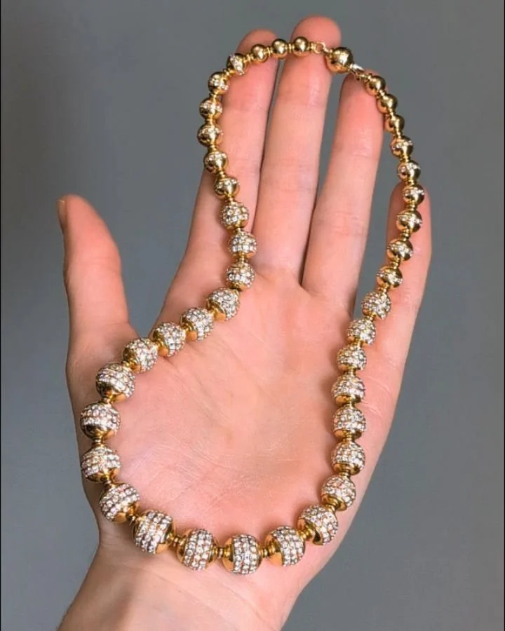 A diamond bead necklace by Cartier, designed as a series of pave set diamond beads mounted in 18kt gold. Paris circa 1980. Available @simonteaklejewelry #cartiernecklace #cartierbeadnecklace #cartierdiamondnecklace #vintagecartierjewelry&nbsp; #diamo
