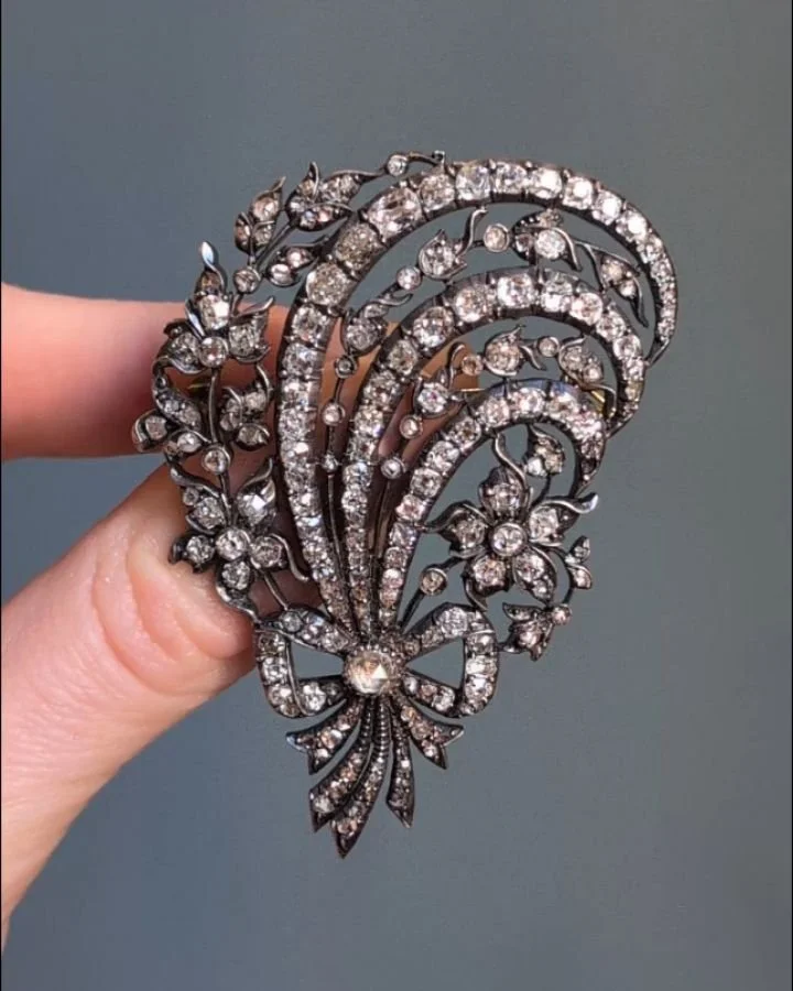 An antique diamond spray brooch, of open flower head bow &quot;aigrette&quot; design, mounted in silver and gold. circa 1860. Available @simonteaklejewelry #antiquebrooch #antiquediamondbrooch #diamondspray #aigrette #diamondbrooch #simonteaklejewelr