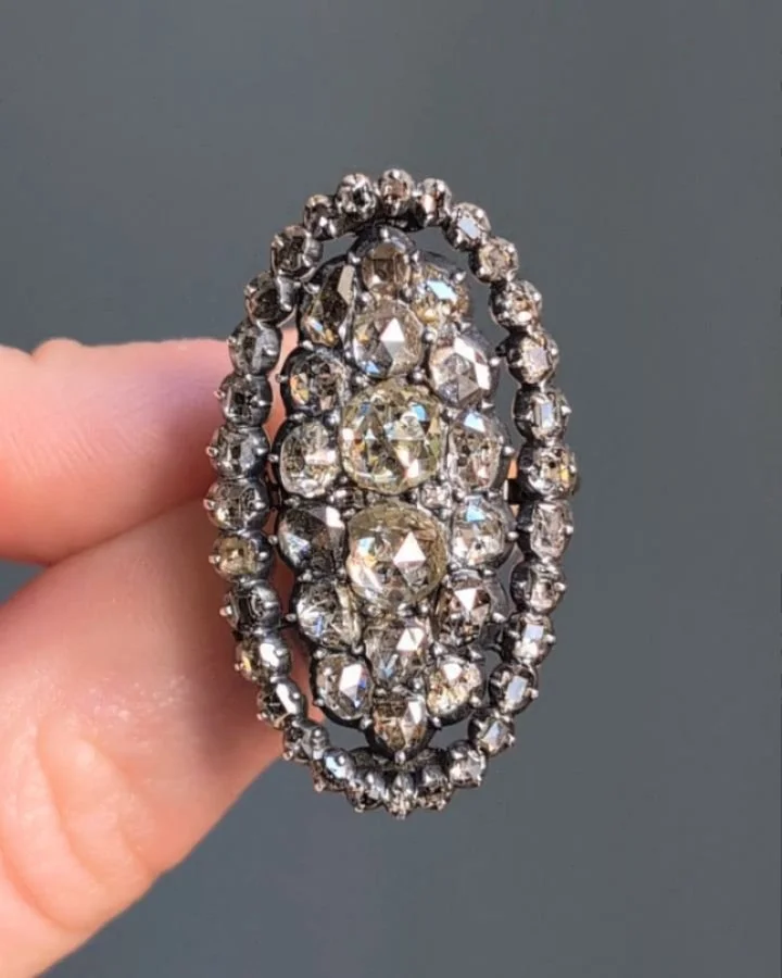 An antique rose cut diamond ring, designed as an open oval cluster panel, mounted in silver and gold. Circa 1880. Available @simomteaklejewelry #antiquediamondring #antiquediamond #diamondclusterring #antiquediamondclusterring #rosecutdiamond #rosecu
