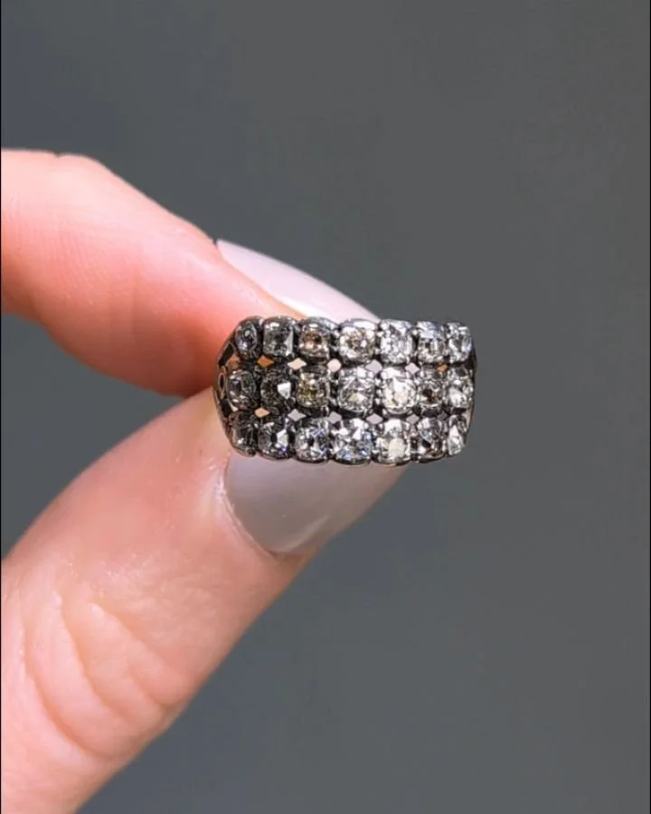An antique diamond three row half hoop ring, mounted in silver and gold. English circa 1800. Available @simomteaklejewelry #antiquediamondring #antiquediamond #diamondclusterring #georgianjewelry #georgianring #georgiandiamondring #simonteaklejewelry