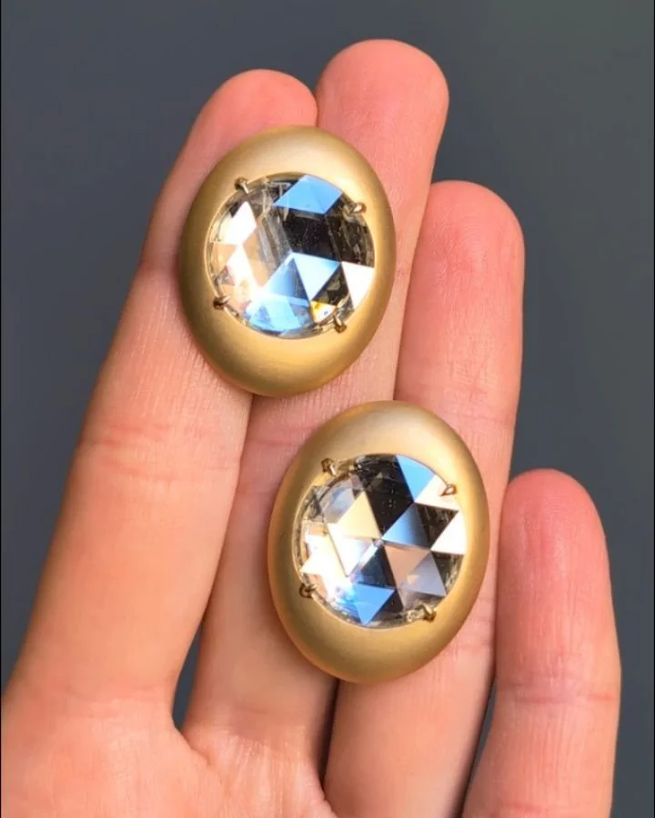 A pair of 4.38 &amp; 4.53 carats rose cut diamond earrings, each circular diamond mounted in an 18kt brushed gold oval panel. Available @simonteaklejewelry #diamondearrings #rosecutdiamonda #rosecutdiamondearrings #statementearrings #diamondstatement