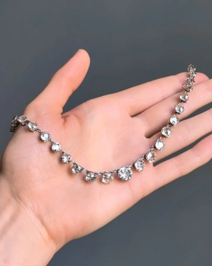 An old European cut diamond rivi&egrave;re necklace, designed as a series of forty four graduated diamonds, mounted in platinum. Paris circa 1900. Available @simonteaklejewelry #antiquediamondnecklace #antiquediamondriviere #diamondriviere #antiquedi