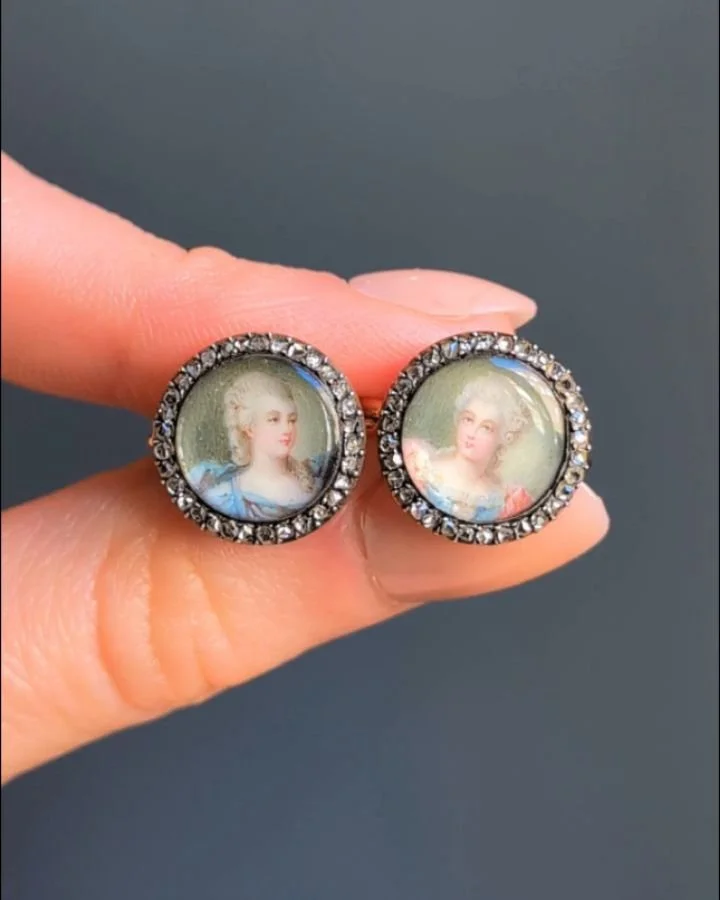 A pair of portrait miniature and diamond rings, the antique circular female portraits with a rose cut diamond surround, mounted in silver and gold. Miniatures late 18th century. Available @simomteaklejewelry #portraitminiature #portraitminiaturerings