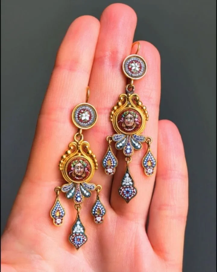 A pair of antique micromosaic girandole earrings, the circular classical mask panel above palmette motifs with cupola panel drops, mounted in 18kt gold. French circa 1870. Available @simonteaklejewelry #micromosaicjewellery #micromosaicjewelry #micro