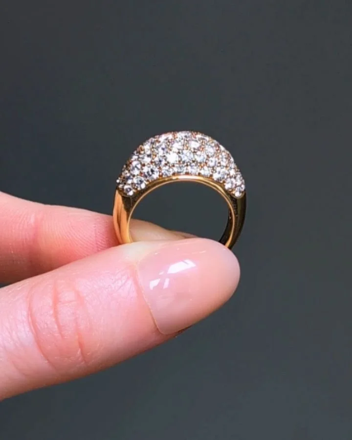 A pave set diamond bombe cocktail ring by Van Cleef &amp; Arpels, mounted in 18kt gold. Paris circa 1980. Available @simomteaklejewelry ##vancleefarpels #vancleefjewelry #vancleefvintage #vcavintage #vcadiamonds #diamondcocktailring #vcaring #vcajewe