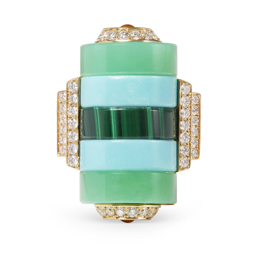 Carved Turquoise and Malachite 'Abacus' Ring by Kia Schwan