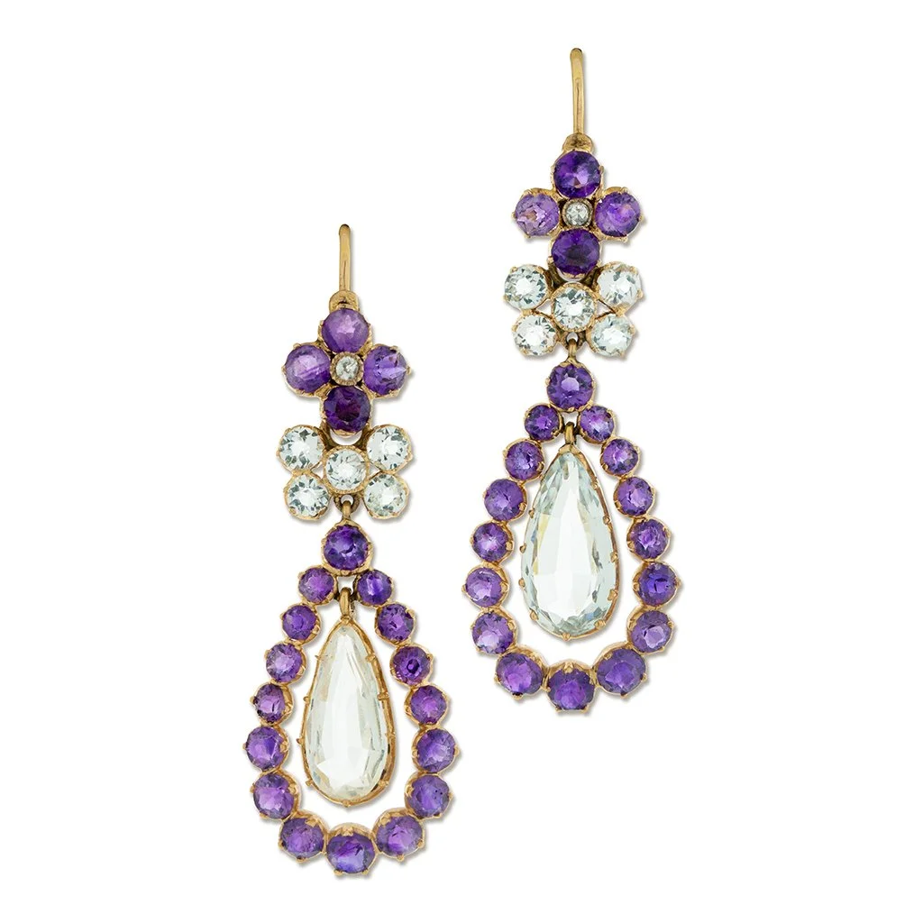 Antique Amethyst and Aquamarine Earrings, English circa 1880