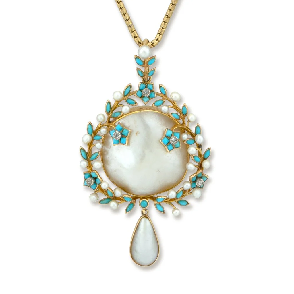 7391 - Antique Pearl and Turquoise Pendant Closeup Web.jpg